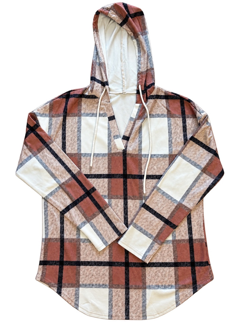 Women’s Plaid Lightweight Hooded Pullover Top Size Small Brown Cream
